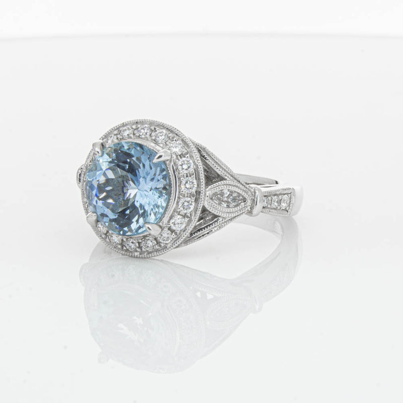 18ct White Gold Aquamarine & Diamond Halo Ring-Ring-Walker & Hall
