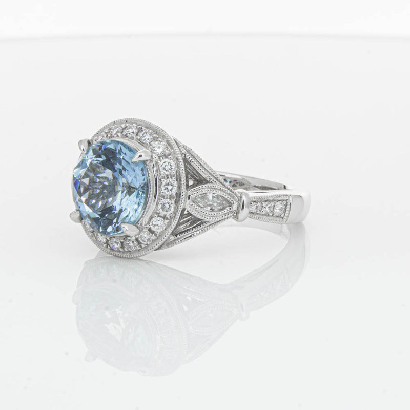 18ct White Gold Aquamarine & Diamond Halo Ring-Ring-Walker & Hall