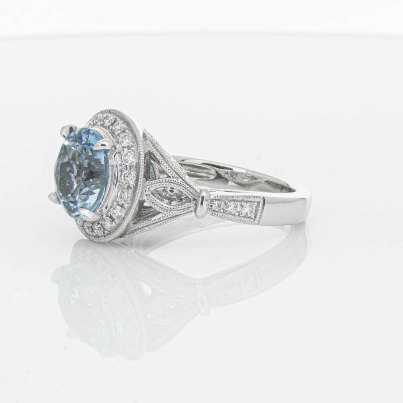 18ct White Gold Aquamarine & Diamond Halo Ring-Ring-Walker & Hall