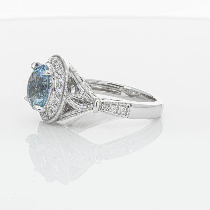 18ct White Gold Aquamarine & Diamond Halo Ring-Ring-Walker & Hall