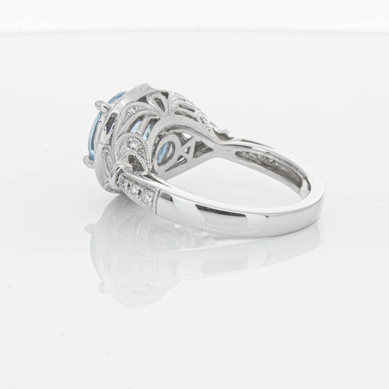 18ct White Gold Aquamarine & Diamond Halo Ring-Ring-Walker & Hall