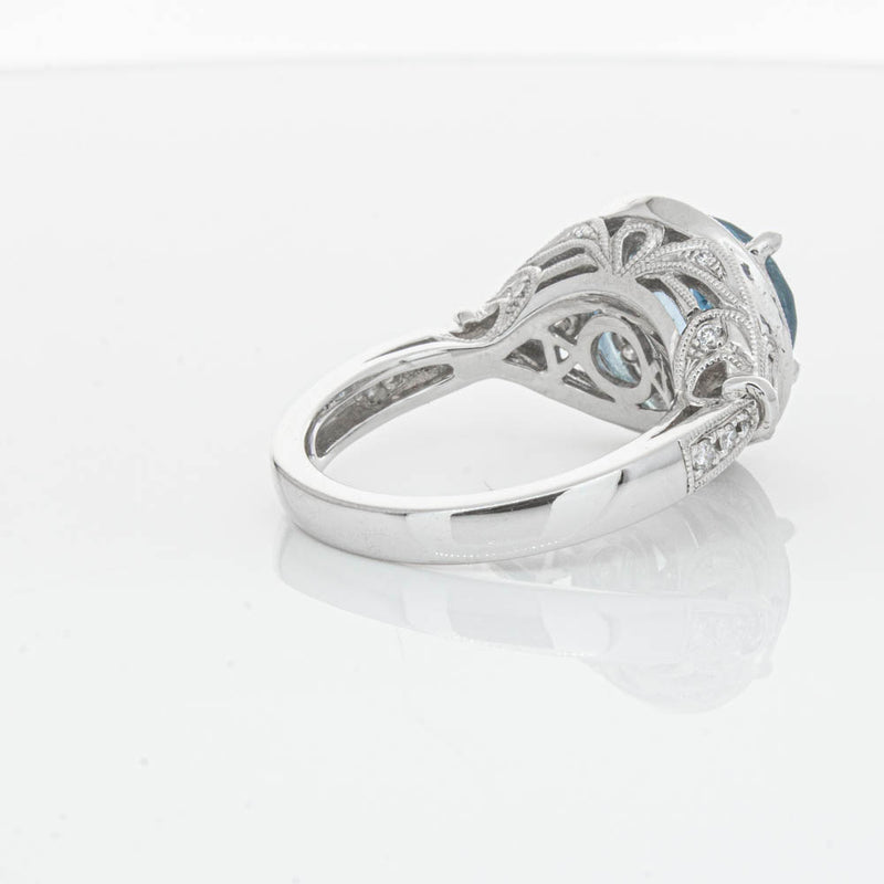 18ct White Gold Aquamarine & Diamond Halo Ring-Ring-Walker & Hall