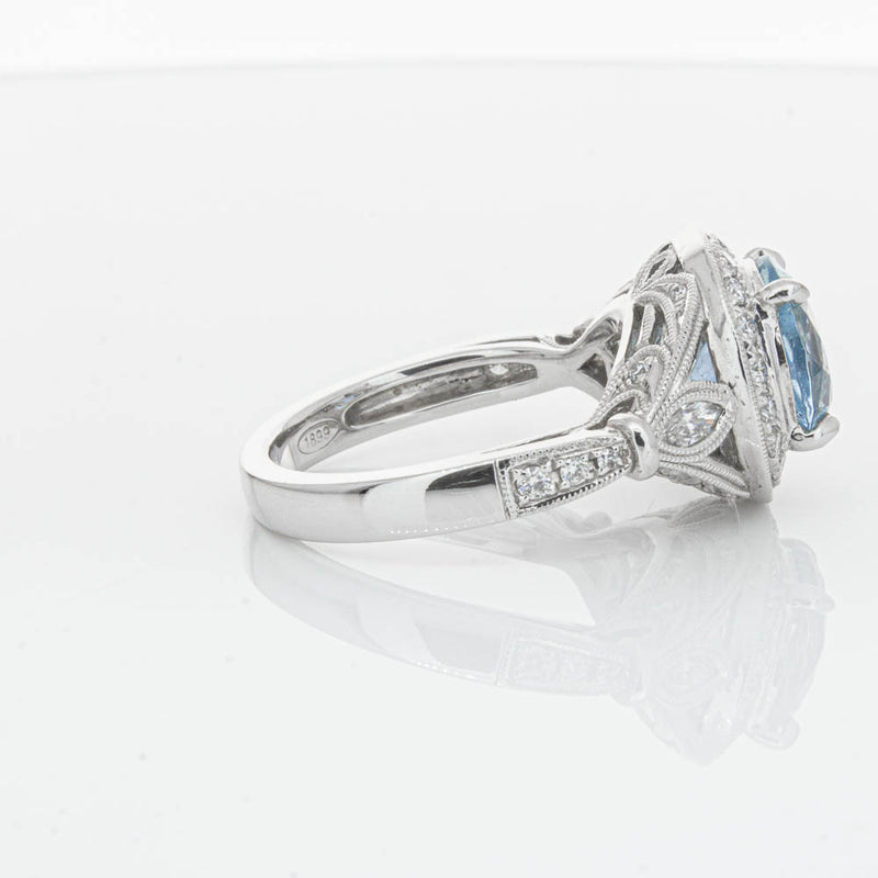 18ct White Gold Aquamarine & Diamond Halo Ring-Ring-Walker & Hall