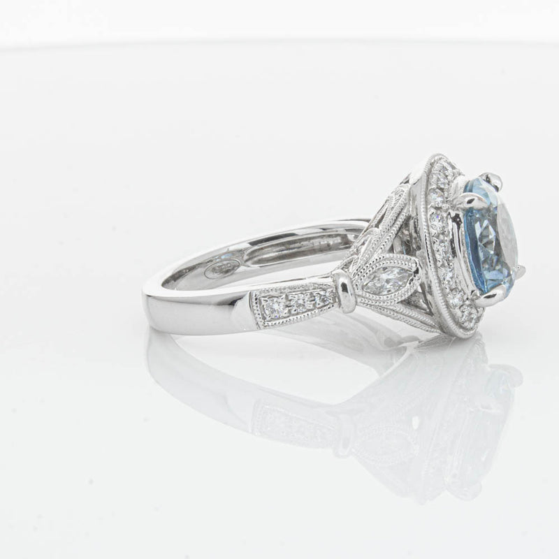 18ct White Gold Aquamarine & Diamond Halo Ring-Ring-Walker & Hall