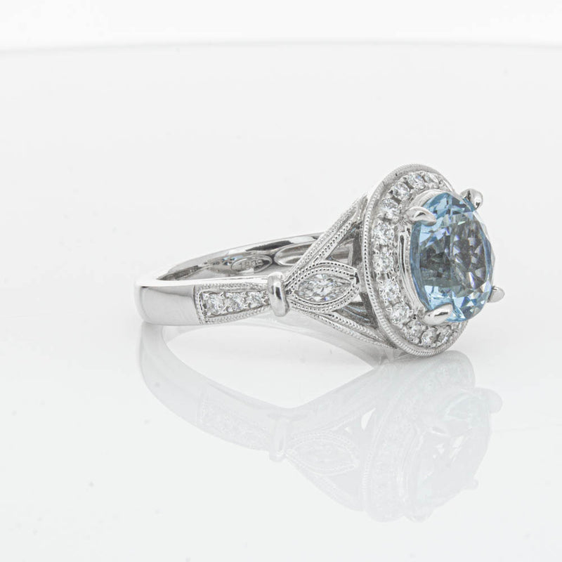18ct White Gold Aquamarine & Diamond Halo Ring-Ring-Walker & Hall