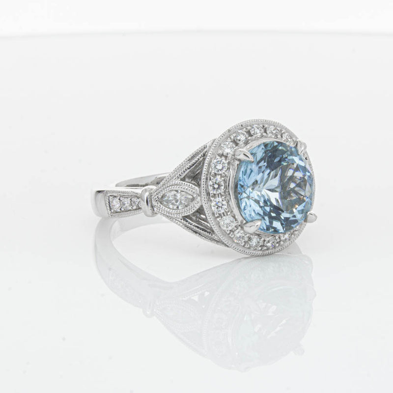 18ct White Gold Aquamarine & Diamond Halo Ring-Ring-Walker & Hall