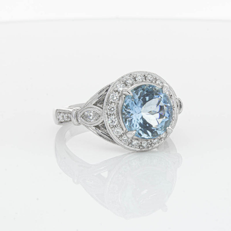 18ct White Gold Aquamarine & Diamond Halo Ring-Ring-Walker & Hall