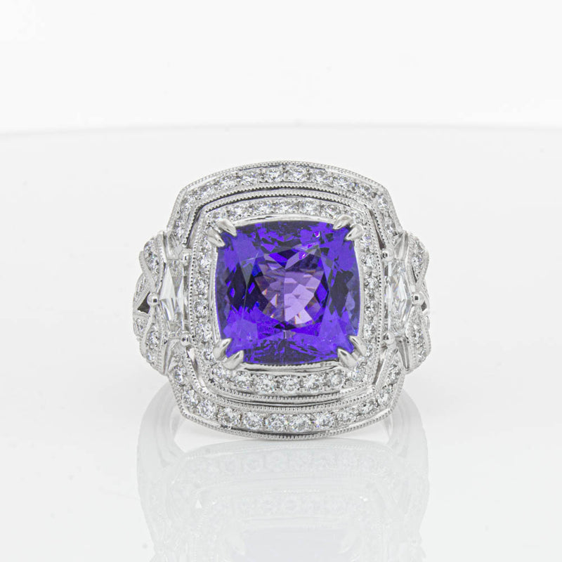 18ct White Gold 5.75ct Tanzanite & Diamond Halo Ring-Ring-Walker & Hall