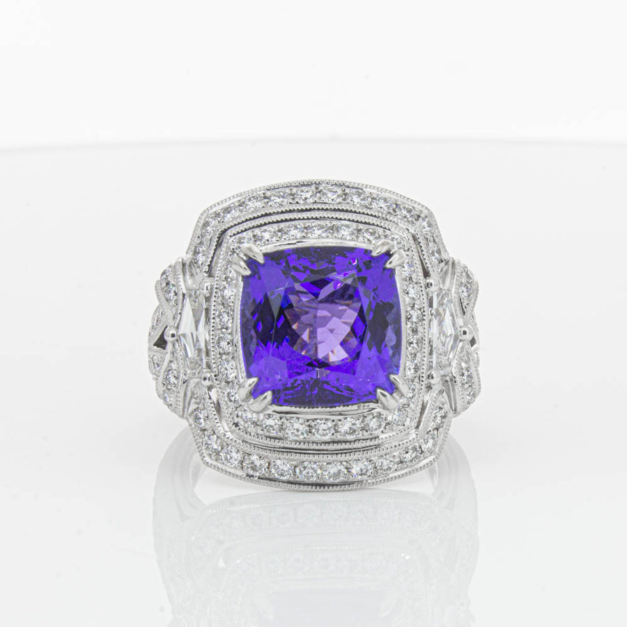 18ct White Gold 5.75ct Tanzanite & Diamond Halo Ring-Ring-Walker & Hall