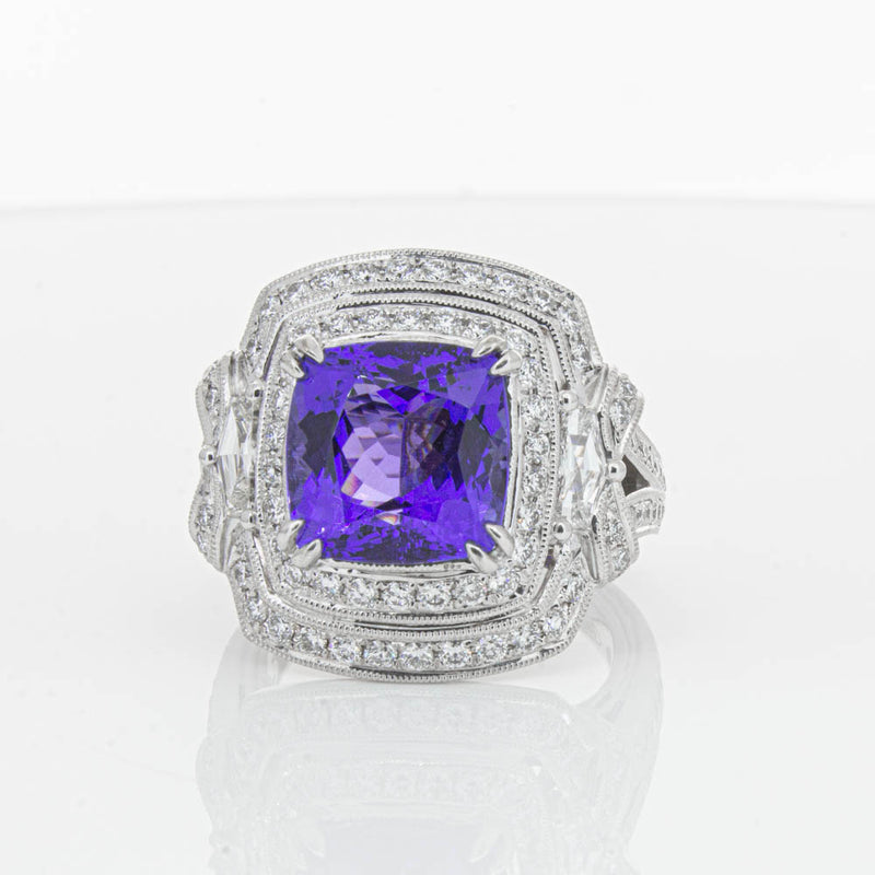 18ct White Gold 5.75ct Tanzanite & Diamond Halo Ring-Ring-Walker & Hall