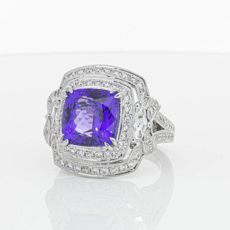 18ct White Gold 5.75ct Tanzanite & Diamond Halo Ring-Ring-Walker & Hall