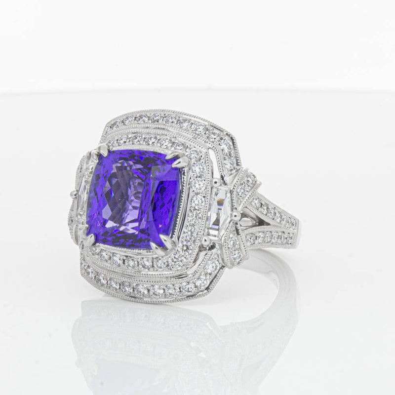 18ct White Gold 5.75ct Tanzanite & Diamond Halo Ring-Ring-Walker & Hall