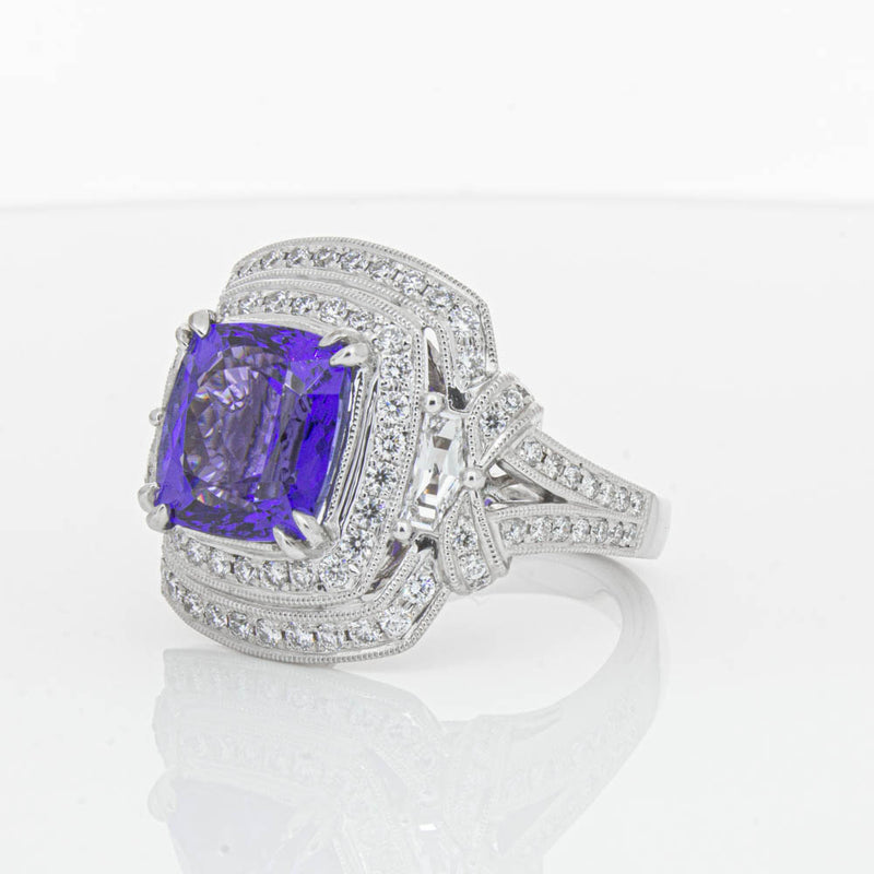 18ct White Gold 5.75ct Tanzanite & Diamond Halo Ring-Ring-Walker & Hall