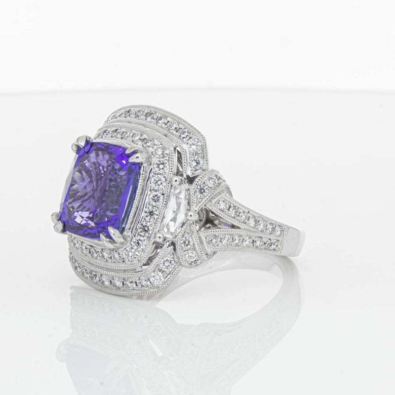18ct White Gold 5.75ct Tanzanite & Diamond Halo Ring-Ring-Walker & Hall