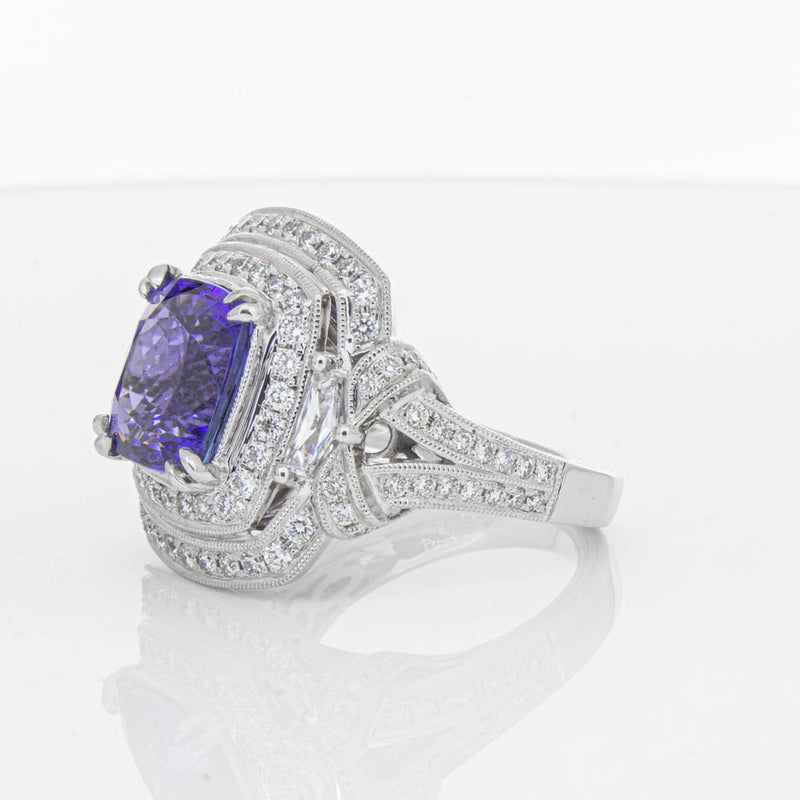18ct White Gold 5.75ct Tanzanite & Diamond Halo Ring-Ring-Walker & Hall