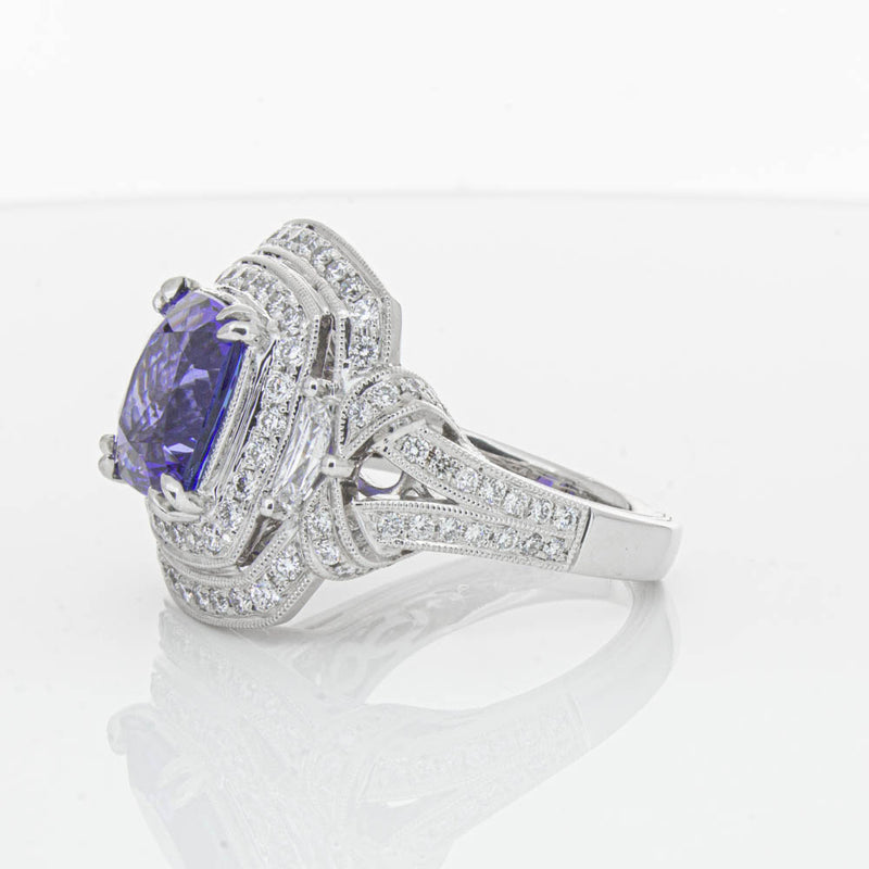 18ct White Gold 5.75ct Tanzanite & Diamond Halo Ring-Ring-Walker & Hall