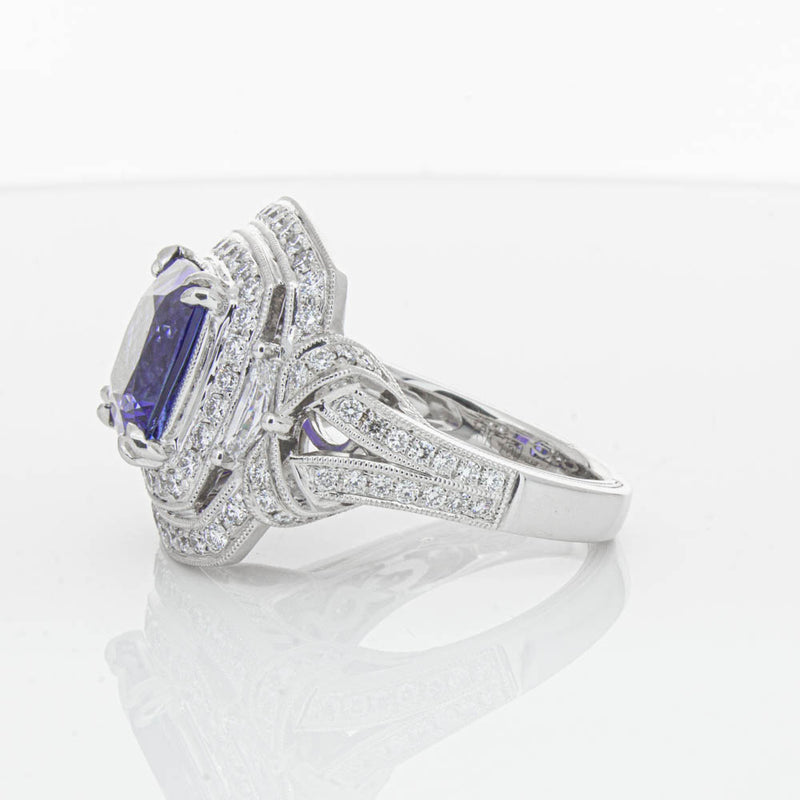 18ct White Gold 5.75ct Tanzanite & Diamond Halo Ring-Ring-Walker & Hall