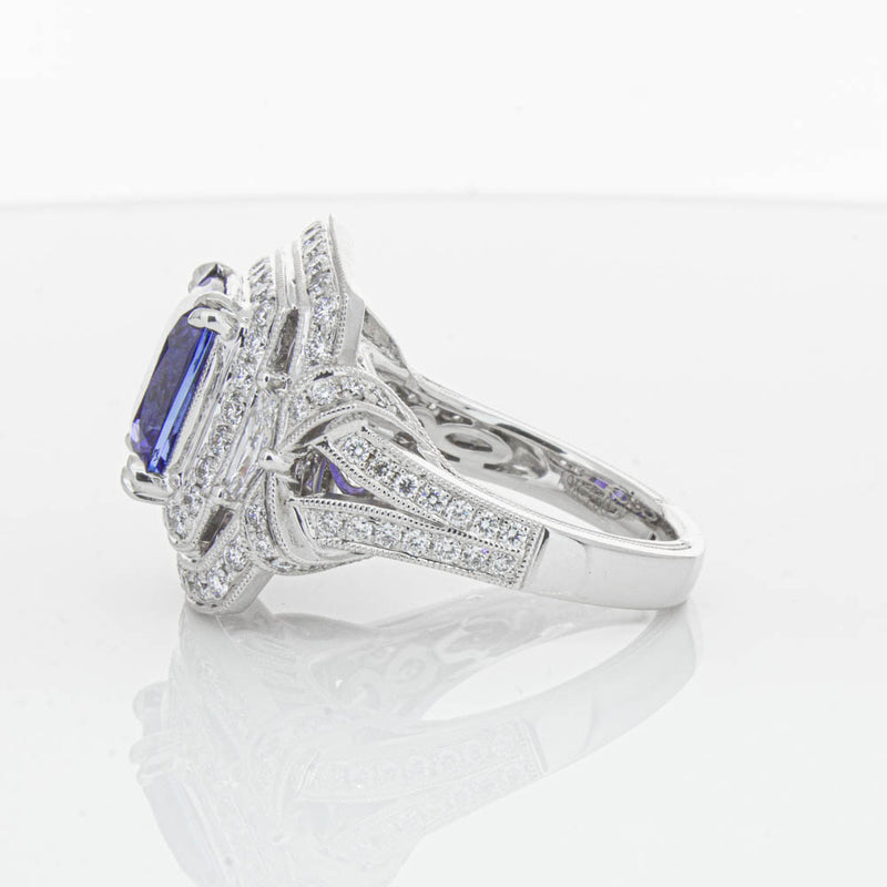 18ct White Gold 5.75ct Tanzanite & Diamond Halo Ring-Ring-Walker & Hall