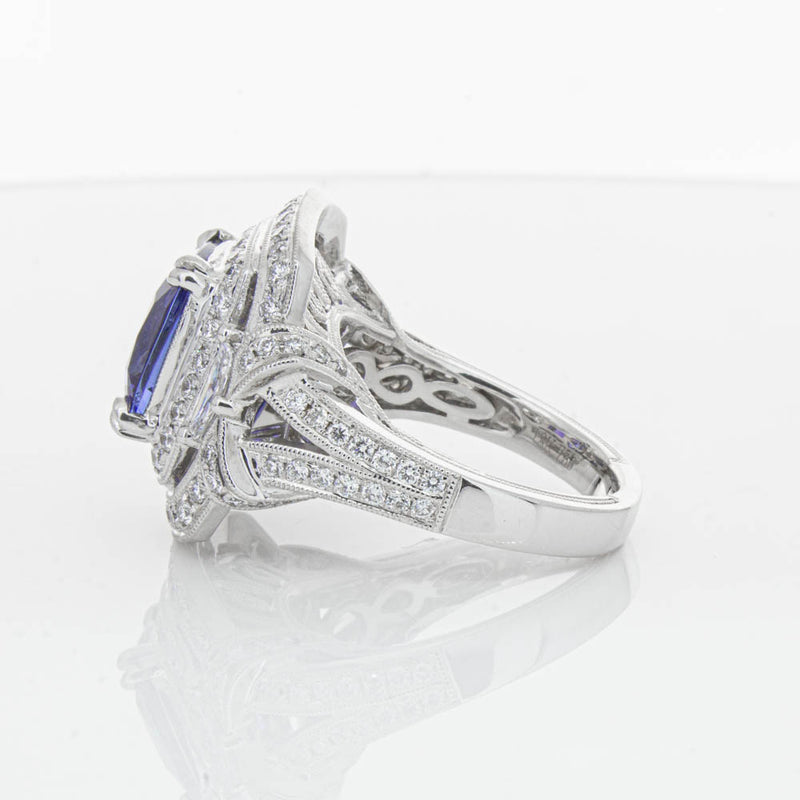 18ct White Gold 5.75ct Tanzanite & Diamond Halo Ring-Ring-Walker & Hall