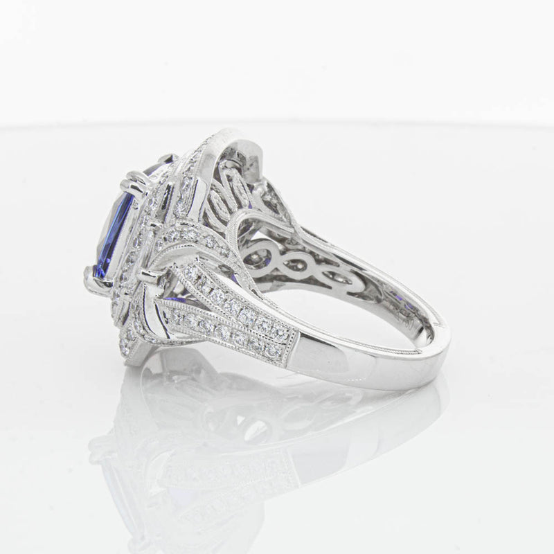 18ct White Gold 5.75ct Tanzanite & Diamond Halo Ring-Ring-Walker & Hall
