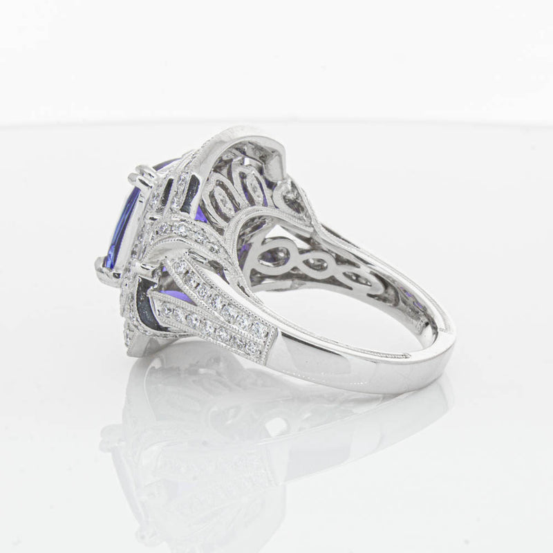 18ct White Gold 5.75ct Tanzanite & Diamond Halo Ring-Ring-Walker & Hall