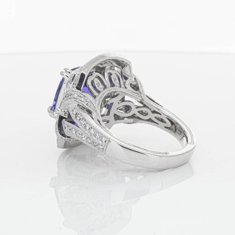 18ct White Gold 5.75ct Tanzanite & Diamond Halo Ring-Ring-Walker & Hall