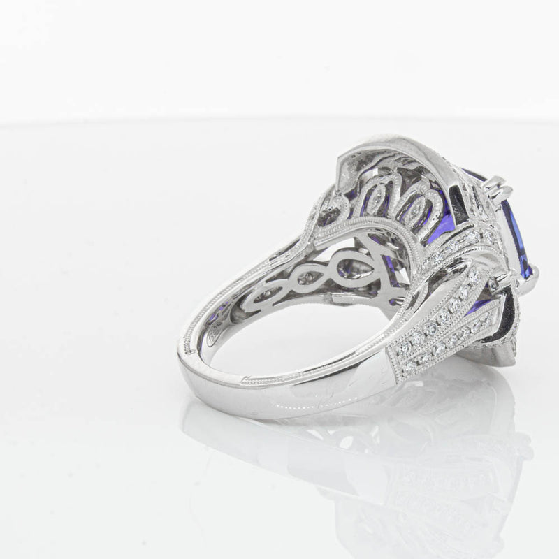 18ct White Gold 5.75ct Tanzanite & Diamond Halo Ring-Ring-Walker & Hall