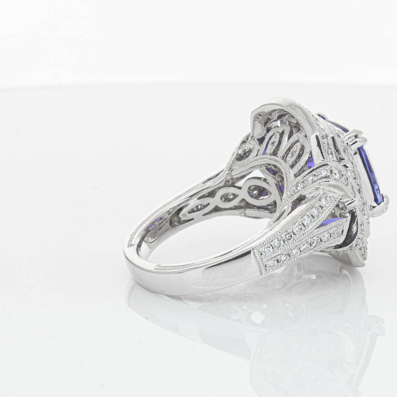 18ct White Gold 5.75ct Tanzanite & Diamond Halo Ring-Ring-Walker & Hall