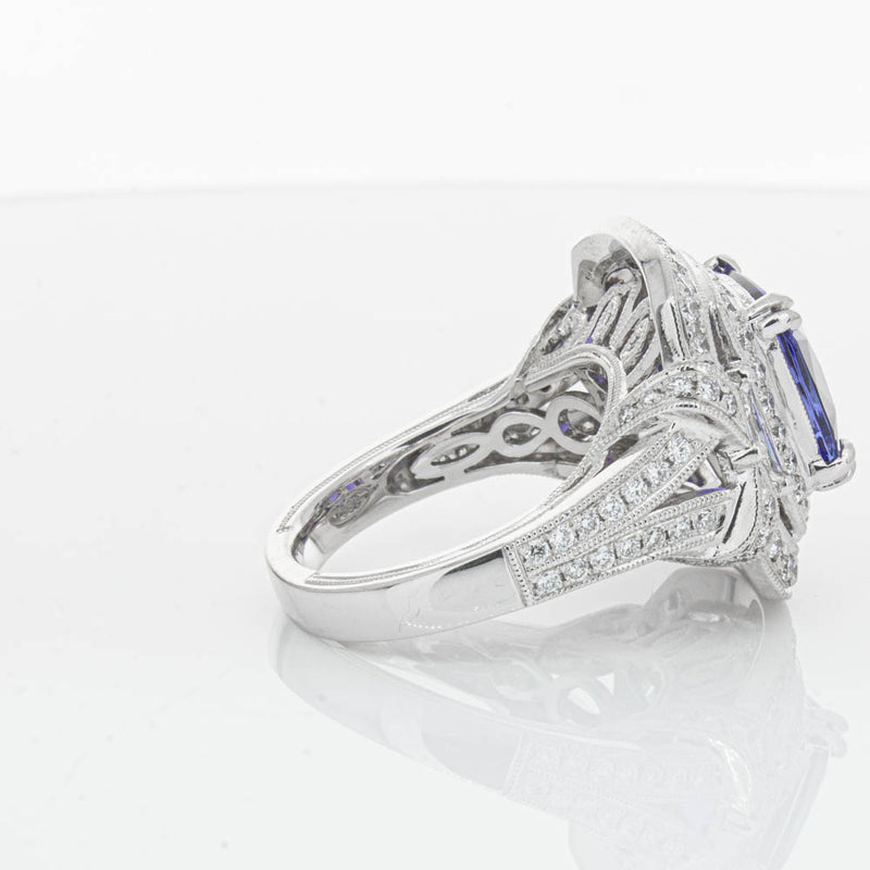18ct White Gold 5.75ct Tanzanite & Diamond Halo Ring-Ring-Walker & Hall