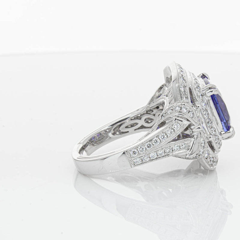 18ct White Gold 5.75ct Tanzanite & Diamond Halo Ring-Ring-Walker & Hall
