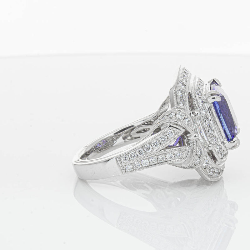 18ct White Gold 5.75ct Tanzanite & Diamond Halo Ring-Ring-Walker & Hall