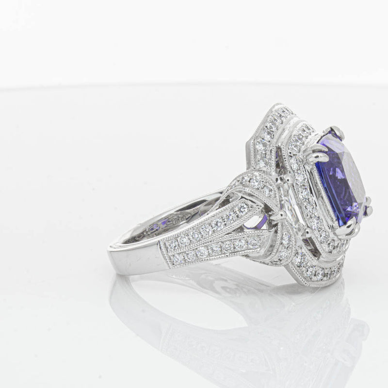 18ct White Gold 5.75ct Tanzanite & Diamond Halo Ring-Ring-Walker & Hall