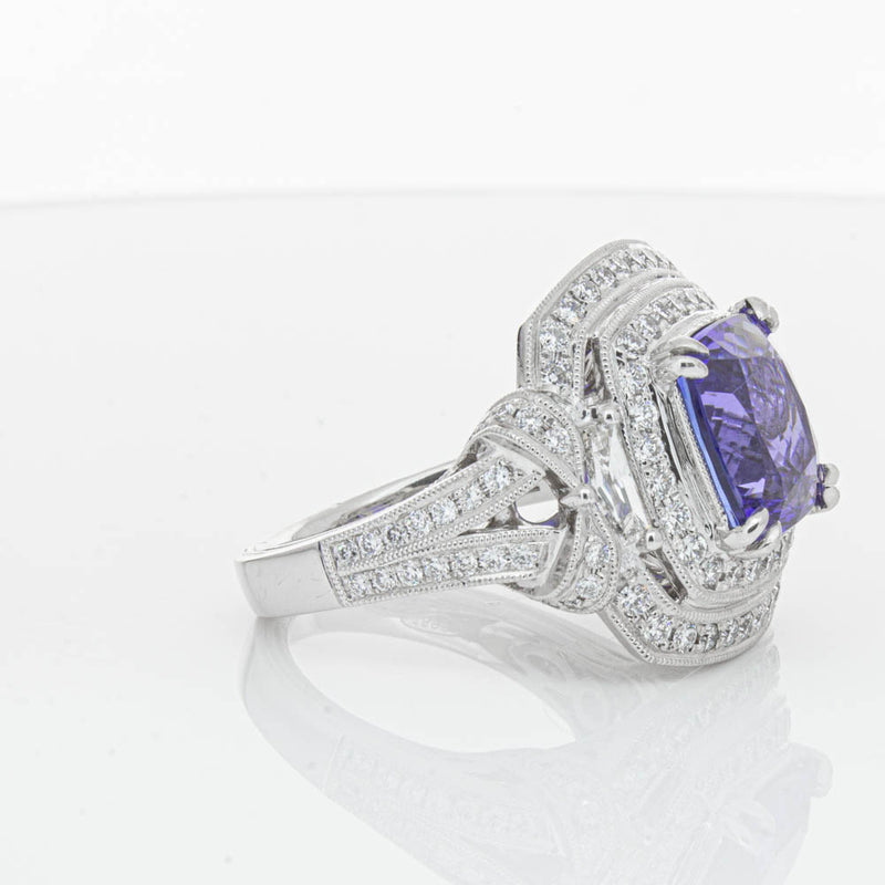 18ct White Gold 5.75ct Tanzanite & Diamond Halo Ring-Ring-Walker & Hall