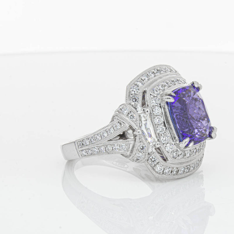 18ct White Gold 5.75ct Tanzanite & Diamond Halo Ring-Ring-Walker & Hall