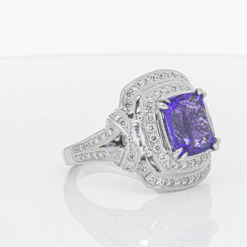 18ct White Gold 5.75ct Tanzanite & Diamond Halo Ring-Ring-Walker & Hall