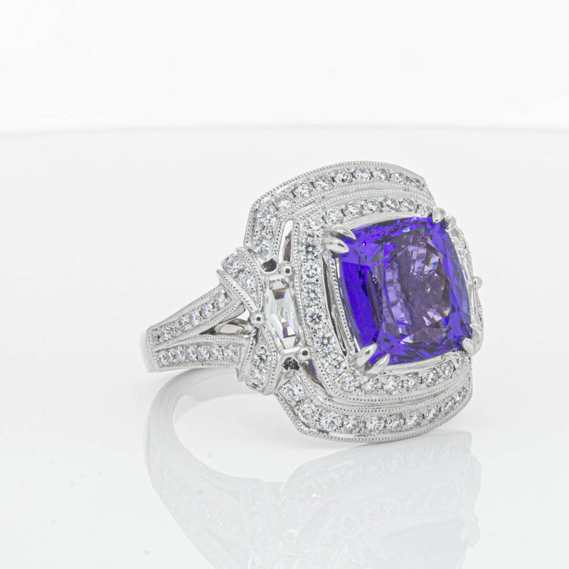 18ct White Gold 5.75ct Tanzanite & Diamond Halo Ring-Ring-Walker & Hall