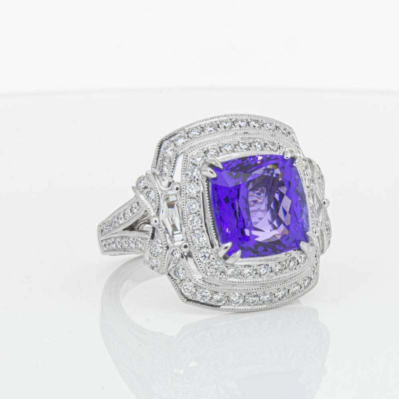 18ct White Gold 5.75ct Tanzanite & Diamond Halo Ring-Ring-Walker & Hall