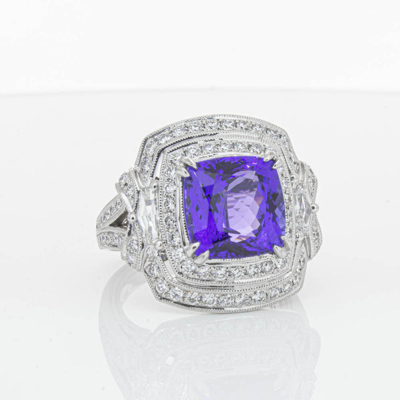 18ct White Gold 5.75ct Tanzanite & Diamond Halo Ring-Ring-Walker & Hall