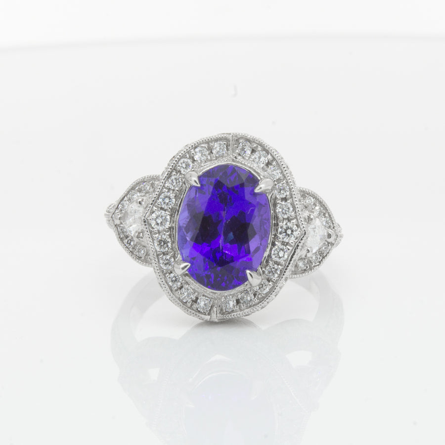 18ct White Gold Tanzanite & Diamond Halo Ring-Ring-Walker & Hall