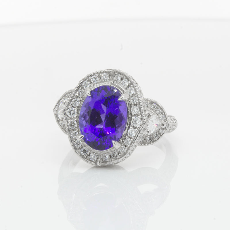 18ct White Gold Tanzanite & Diamond Halo Ring-Ring-Walker & Hall