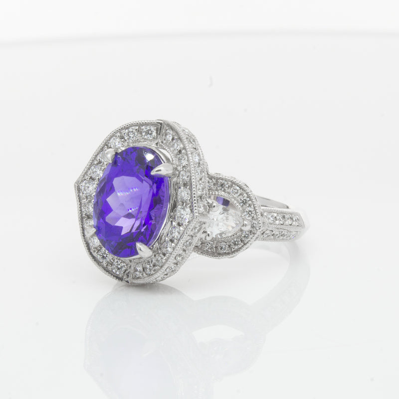 18ct White Gold Tanzanite & Diamond Halo Ring-Ring-Walker & Hall