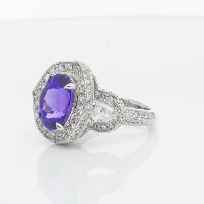 18ct White Gold Tanzanite & Diamond Halo Ring-Ring-Walker & Hall