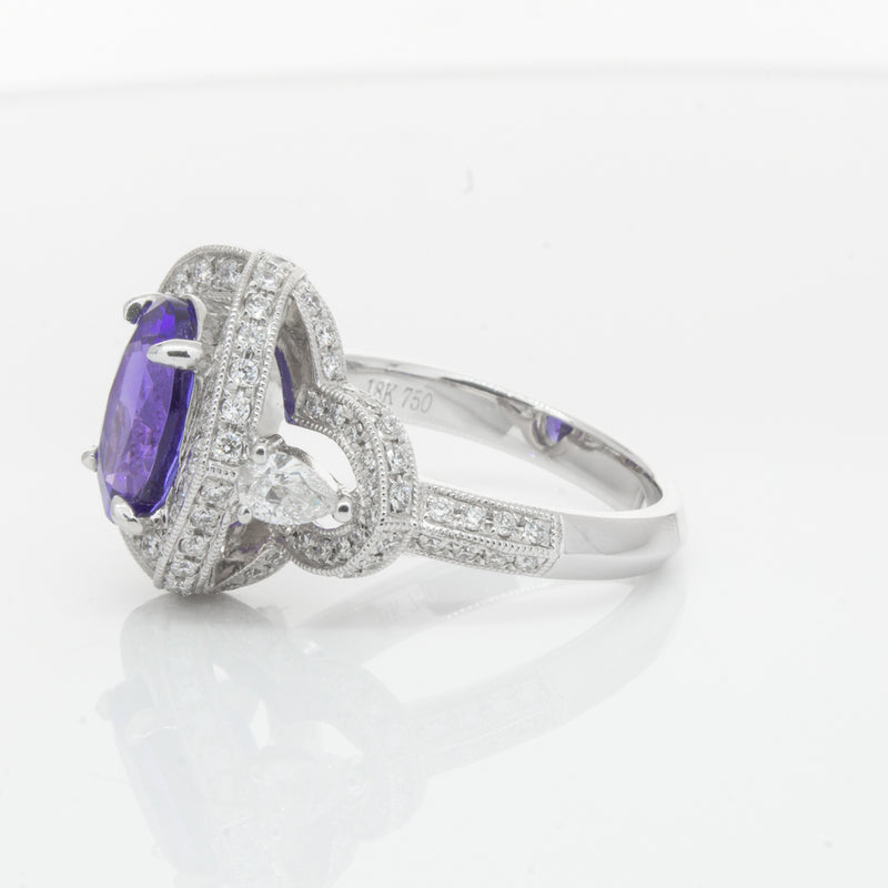 18ct White Gold Tanzanite & Diamond Halo Ring-Ring-Walker & Hall