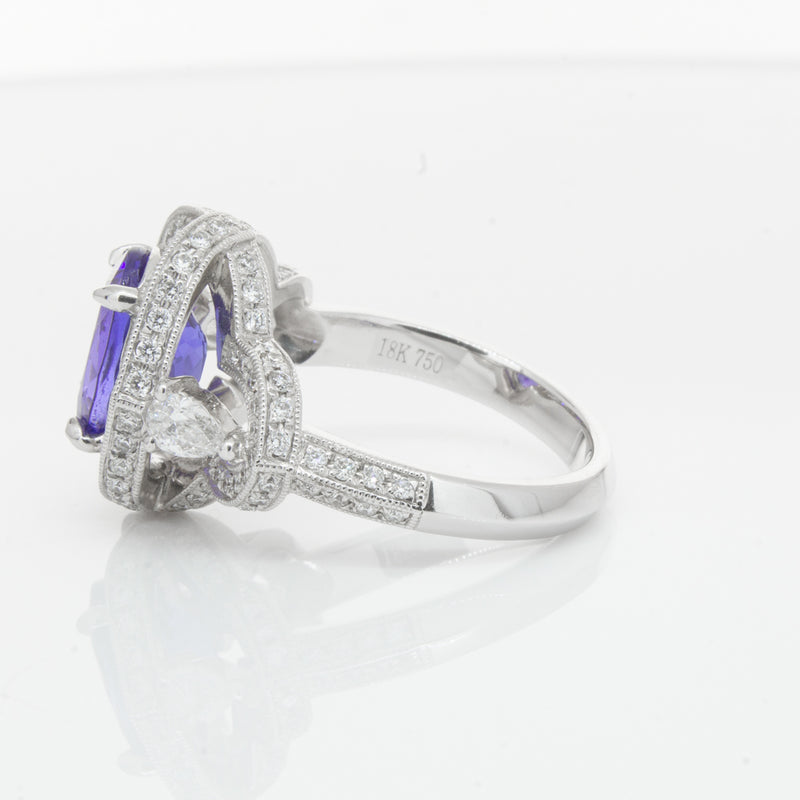 18ct White Gold Tanzanite & Diamond Halo Ring-Ring-Walker & Hall