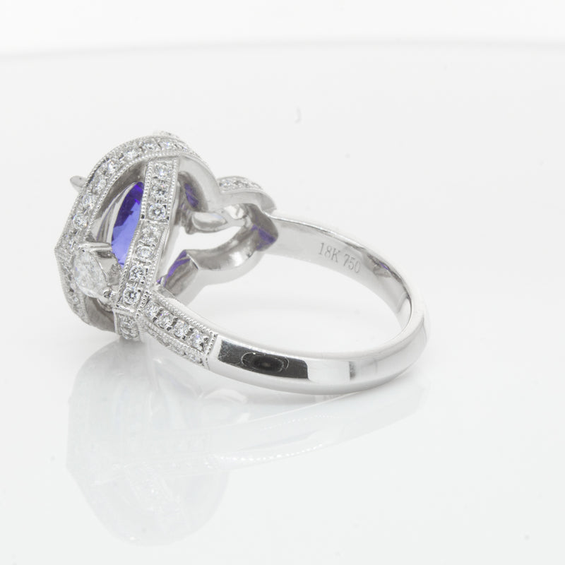 18ct White Gold Tanzanite & Diamond Halo Ring-Ring-Walker & Hall