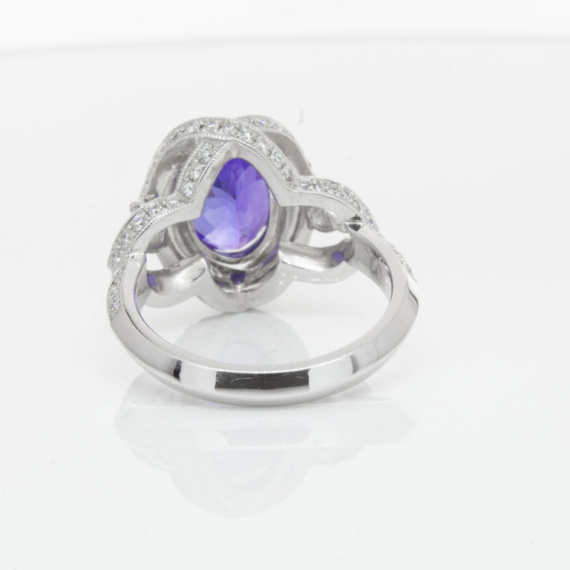 18ct White Gold Tanzanite & Diamond Halo Ring-Ring-Walker & Hall