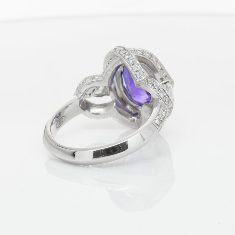 18ct White Gold Tanzanite & Diamond Halo Ring-Ring-Walker & Hall