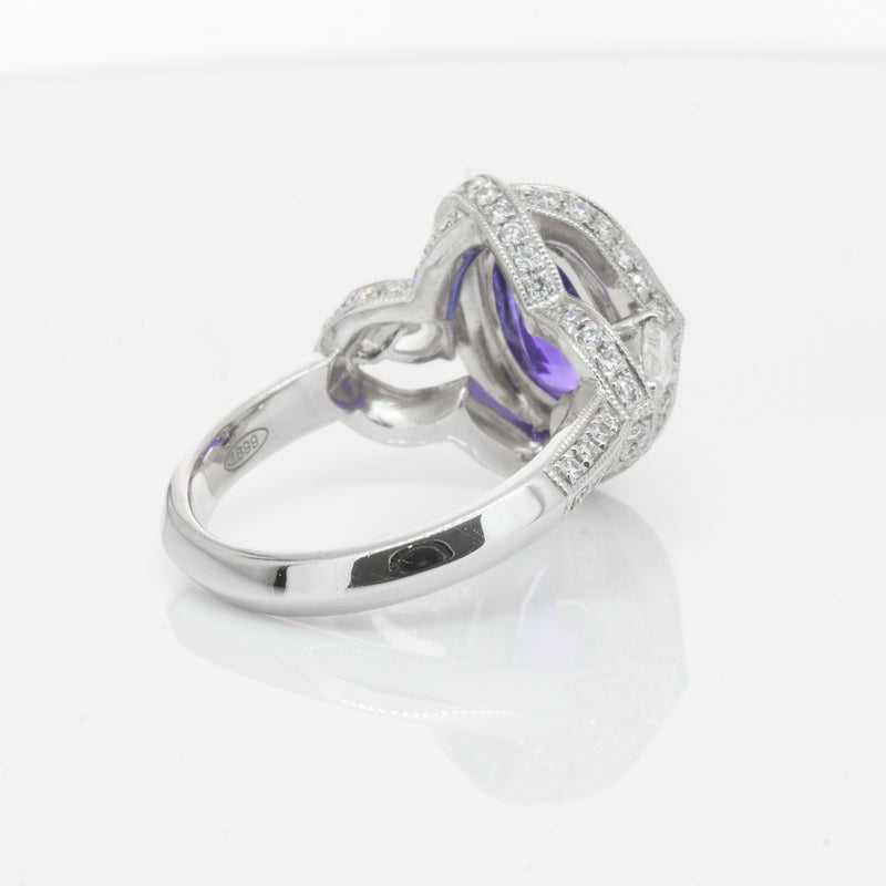 18ct White Gold Tanzanite & Diamond Halo Ring-Ring-Walker & Hall