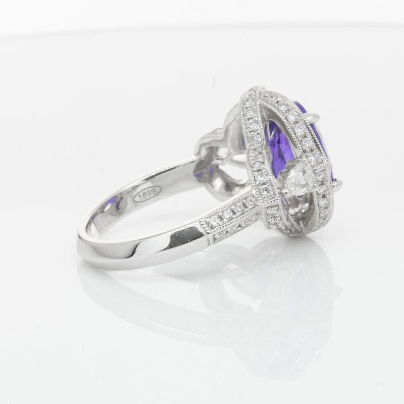 18ct White Gold Tanzanite & Diamond Halo Ring-Ring-Walker & Hall