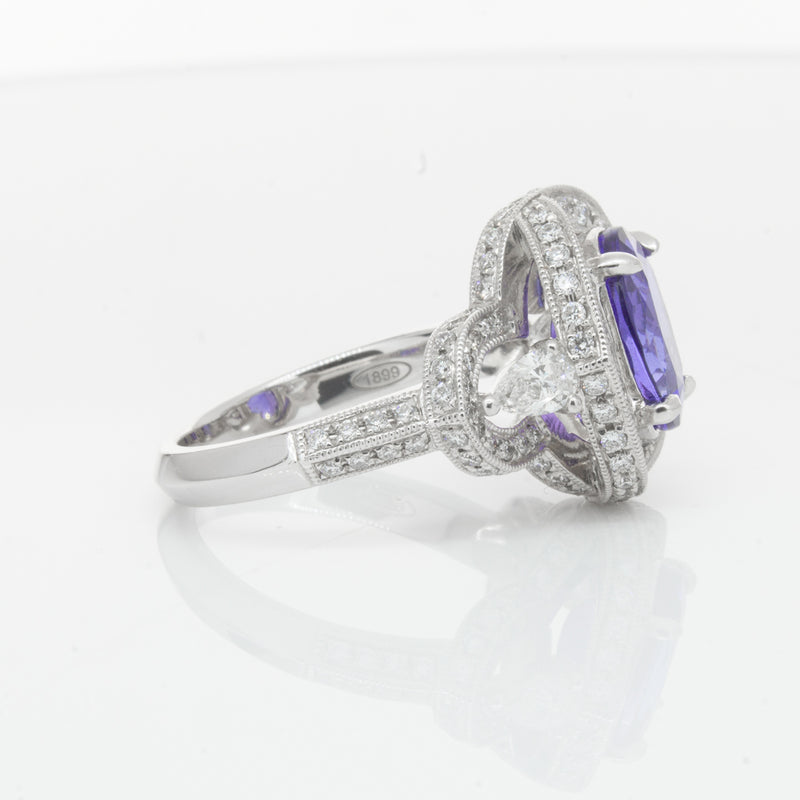 18ct White Gold Tanzanite & Diamond Halo Ring-Ring-Walker & Hall